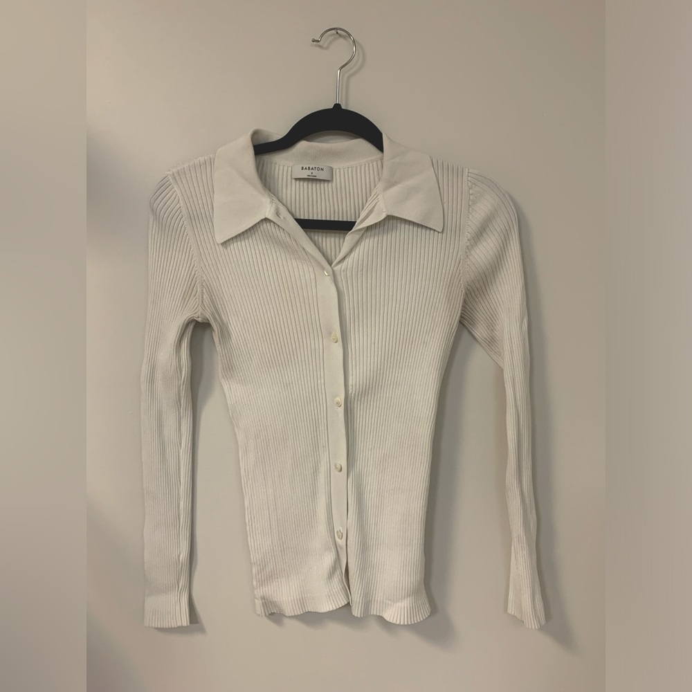 Babaton White Ribbed Button-Up Top - image 1